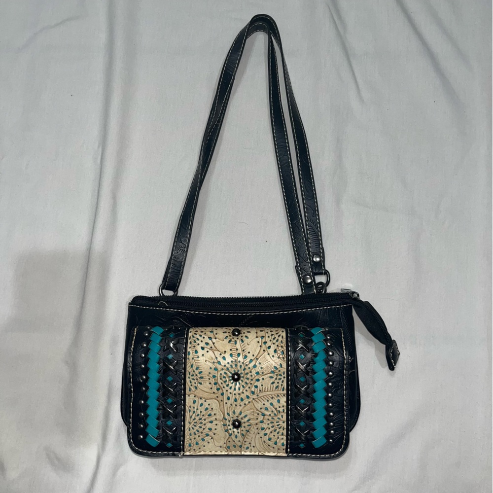 Western Leather Crossbody Purse With Turquoise Details Small Y2k